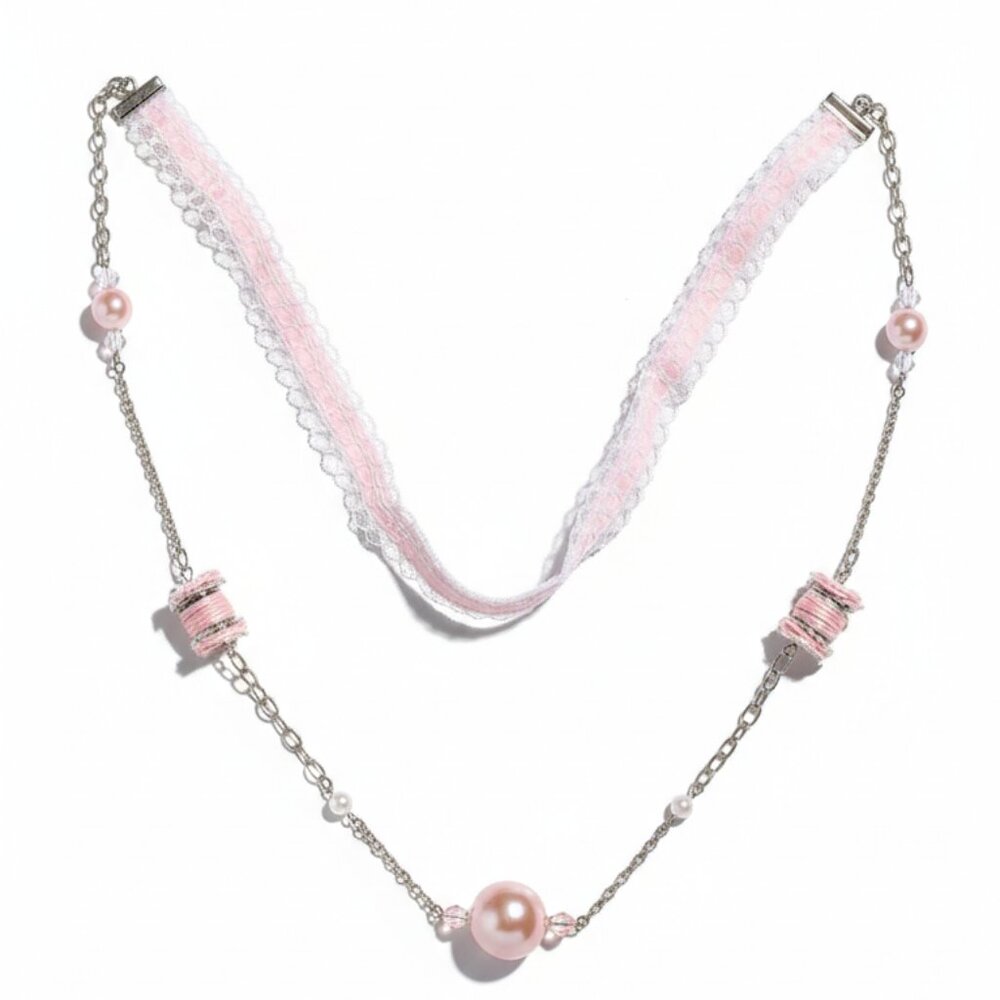 CREATION - OPERA long necklace - Lace & pearl - Pink & White